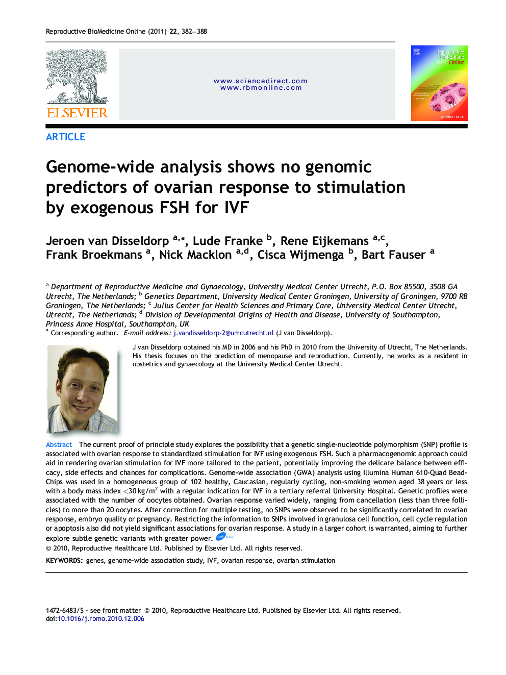 Genome-wide analysis shows no genomic predictors of ovarian response to stimulation by exogenous FSH for IVF 