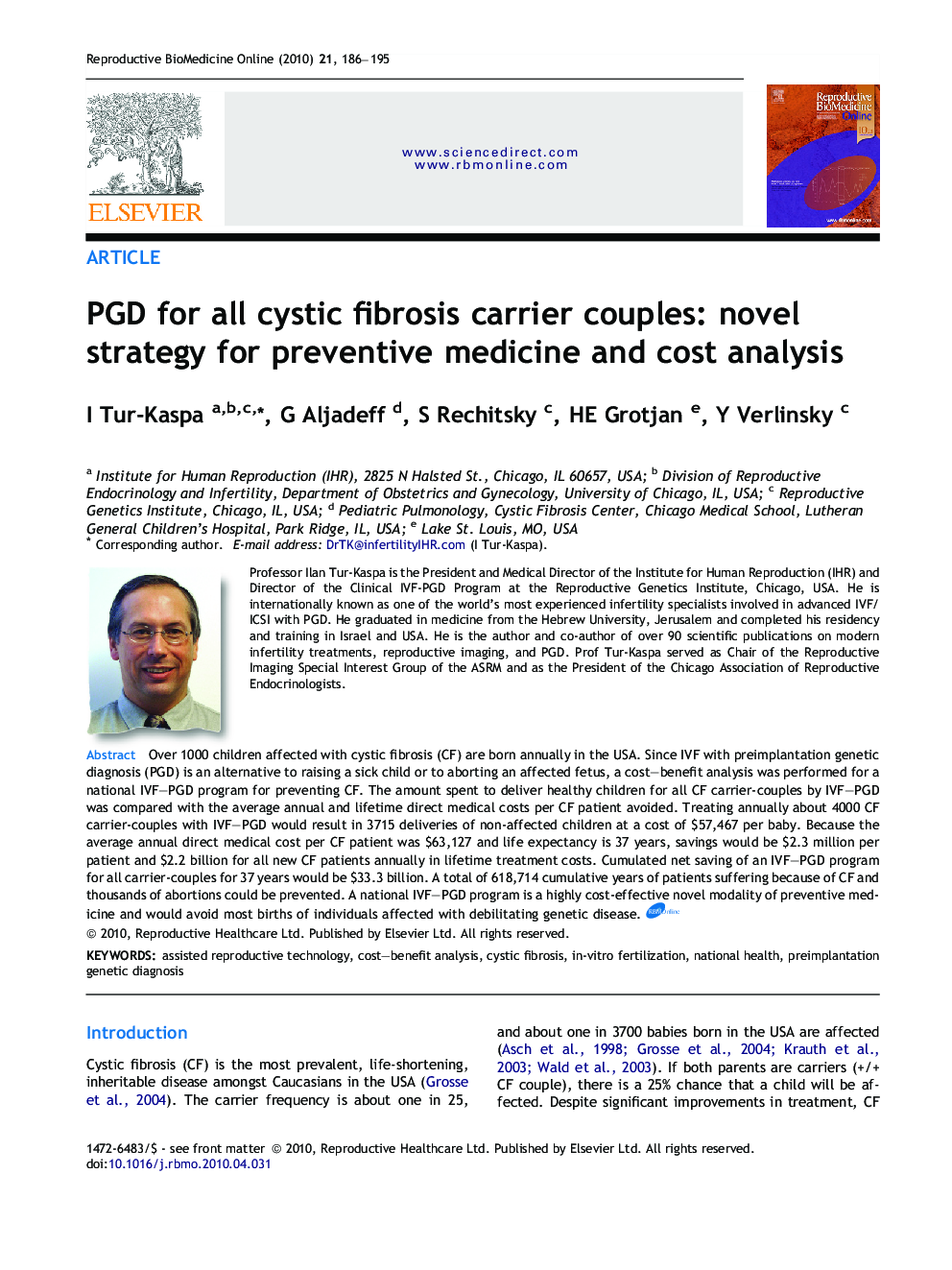 PGD for all cystic fibrosis carrier couples: novel strategy for preventive medicine and cost analysis 