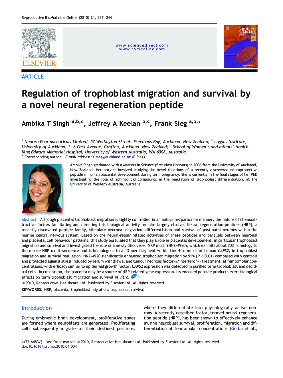 Regulation of trophoblast migration and survival by a novel neural regeneration peptide 