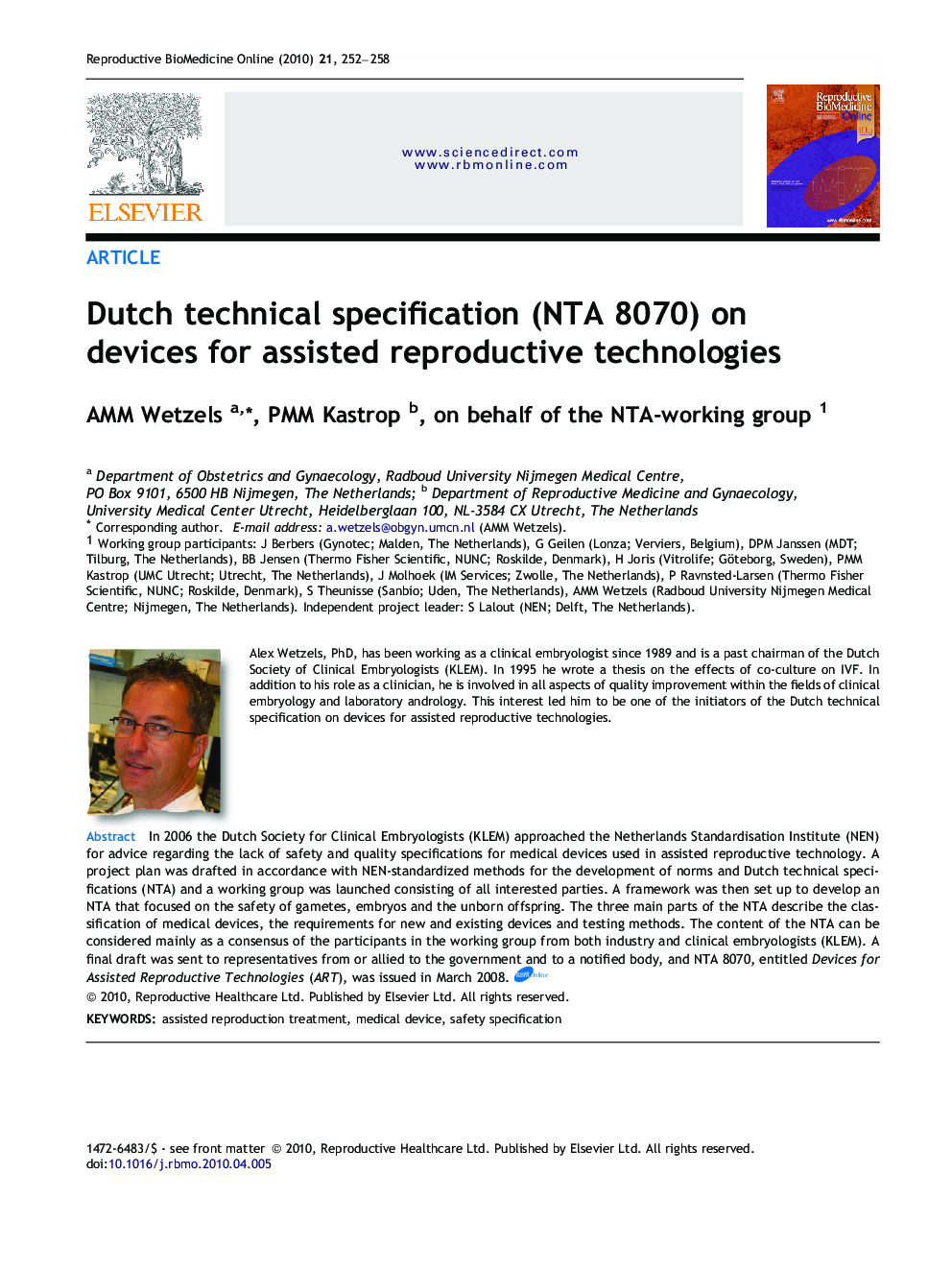 Dutch technical specification (NTA 8070) on devices for assisted reproductive technologies