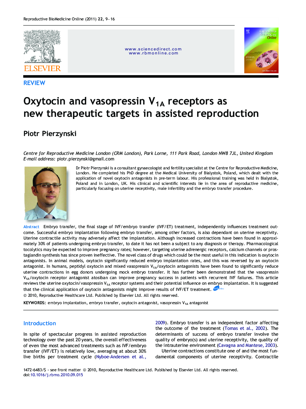 Oxytocin and vasopressin V1A receptors as new therapeutic targets in assisted reproduction 