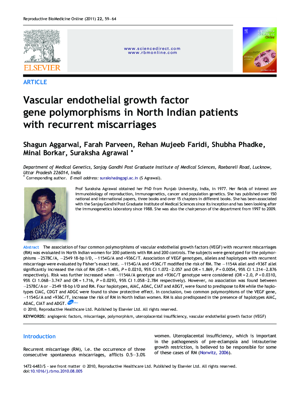 Vascular endothelial growth factor gene polymorphisms in North Indian patients with recurrent miscarriages 