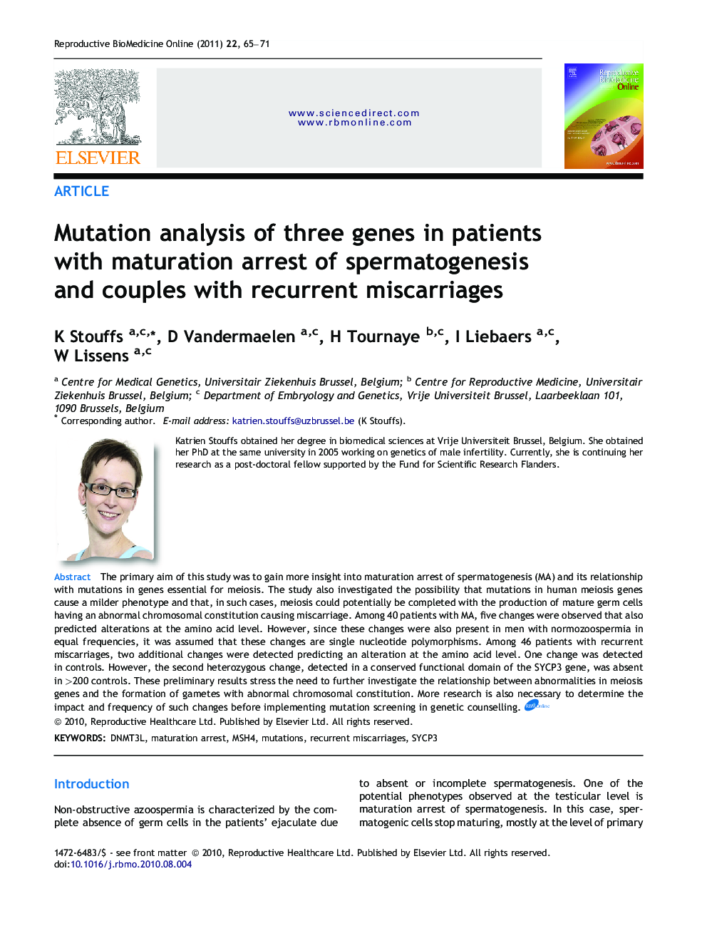 Mutation analysis of three genes in patients with maturation arrest of spermatogenesis and couples with recurrent miscarriages 