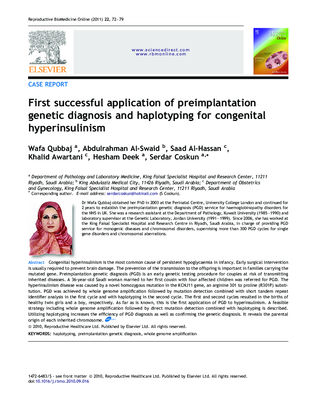 First successful application of preimplantation genetic diagnosis and haplotyping for congenital hyperinsulinism 