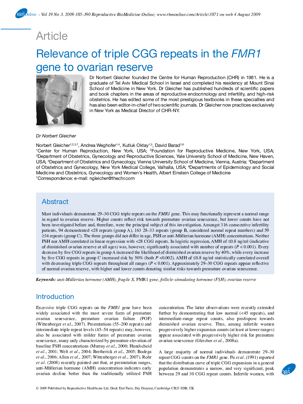 Relevance of triple CGG repeats in the FMR1 gene to ovarian reserve 
