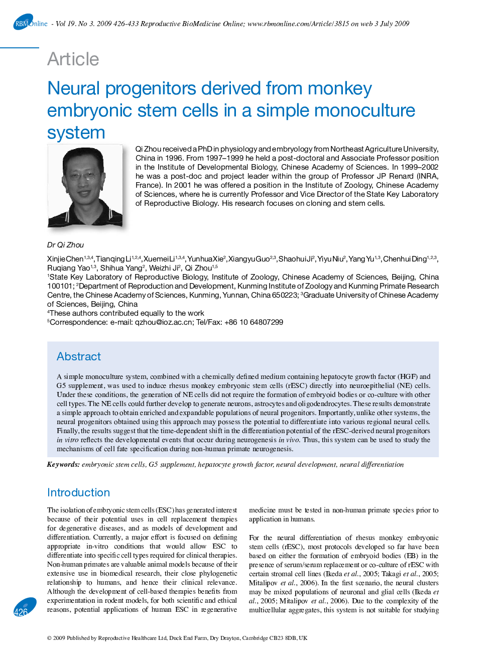 Neural progenitors derived from monkey embryonic stem cells in a simple monoculture system 