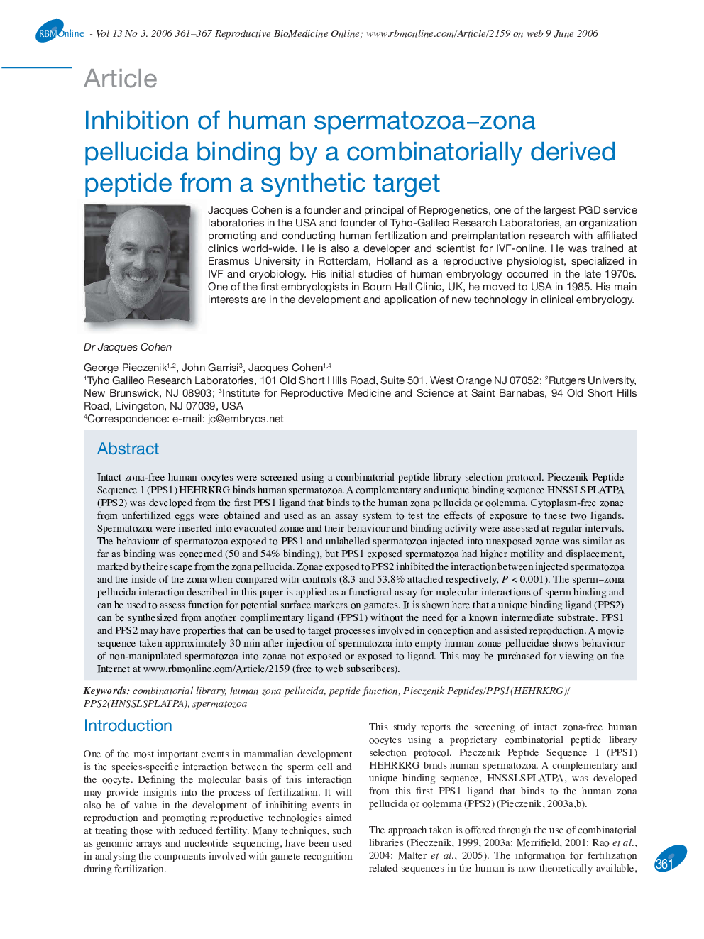 عکس صفحه اول مقاله: Inhibition of human spermatozoa–zona pellucida binding by a combinatorially derived peptide from a synthetic target Inhibition of human spermatozoa–zona pellucida binding by a combinatorially derived peptide from a synthetic target