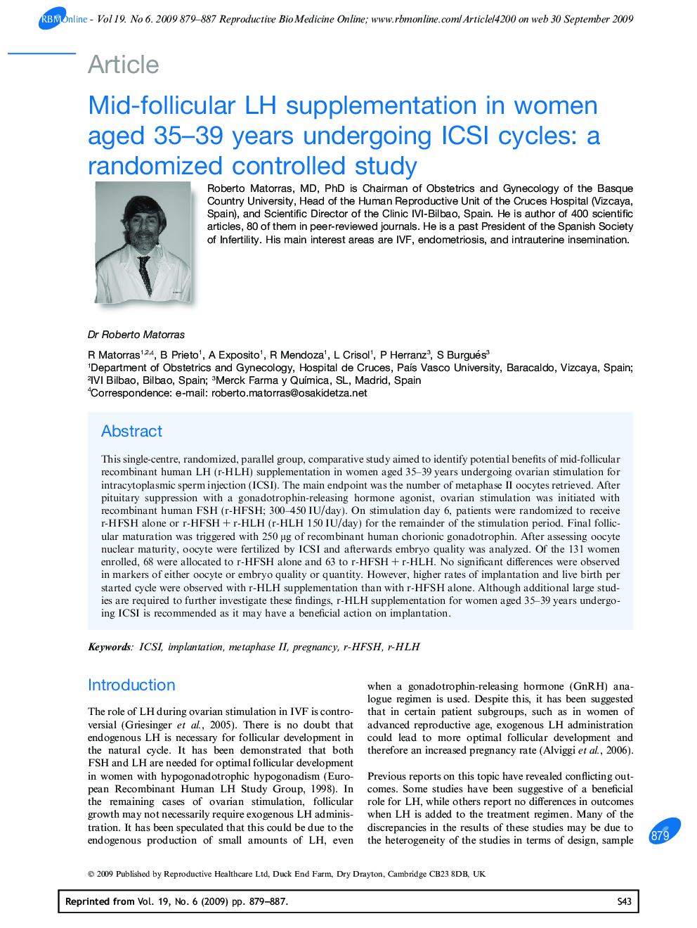 Mid-follicular LH supplementation in women aged 35–39 years undergoing ICSI cycles: a randomized controlled study 