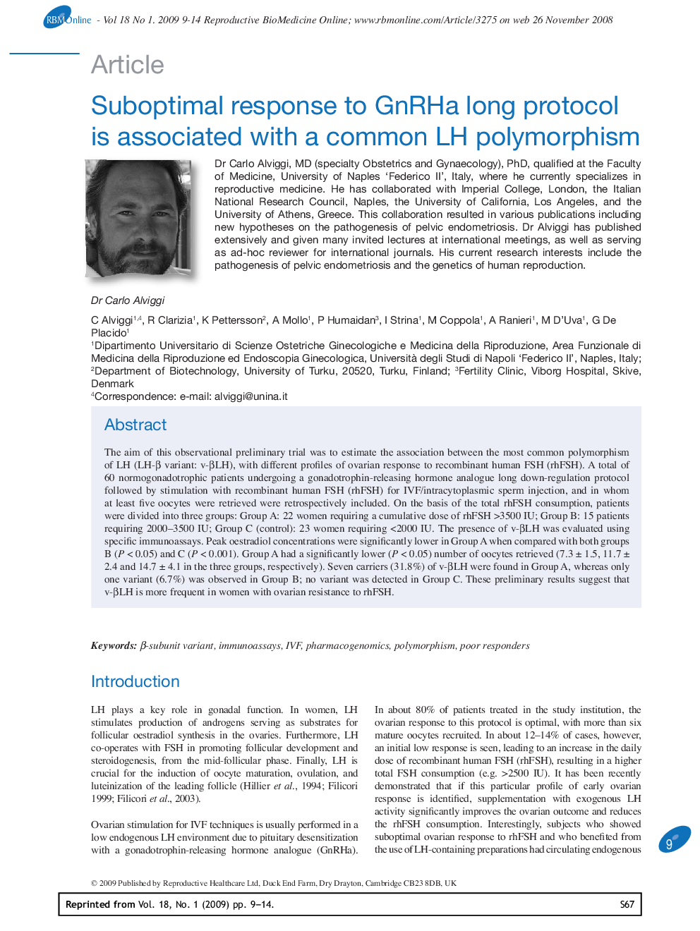 Suboptimal response to GnRHa long protocol is associated with a common LH polymorphism 