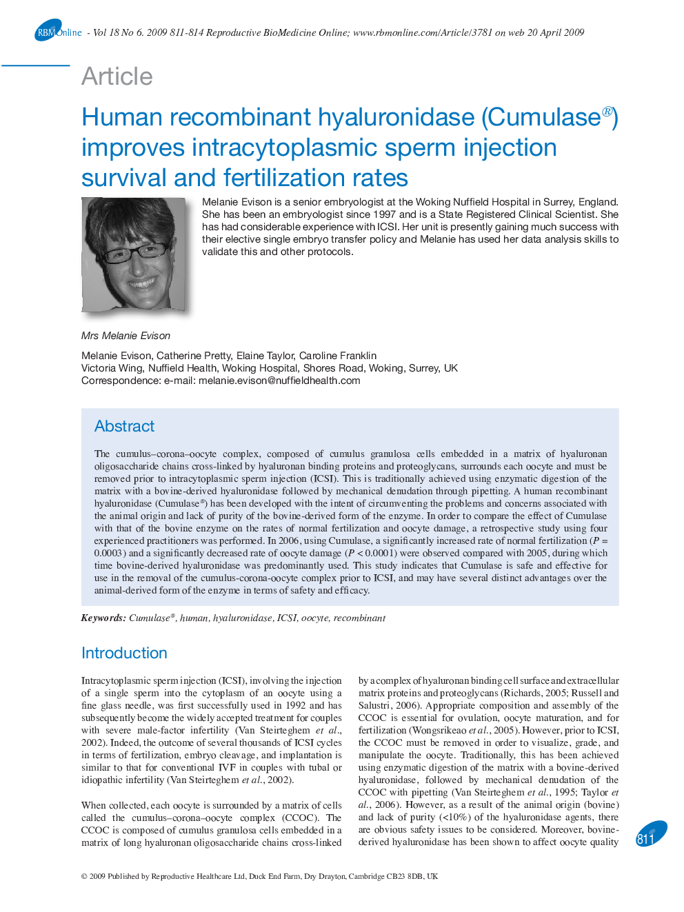 Human recombinant hyaluronidase (Cumulase®) improves intracytoplasmic sperm injection survival and fertilization rates 