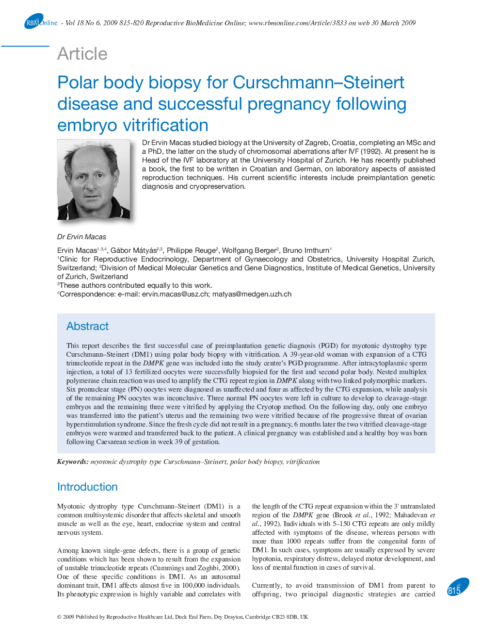 Polar body biopsy for Curschmann–Steinert disease and successful pregnancy following embryo vitrification 