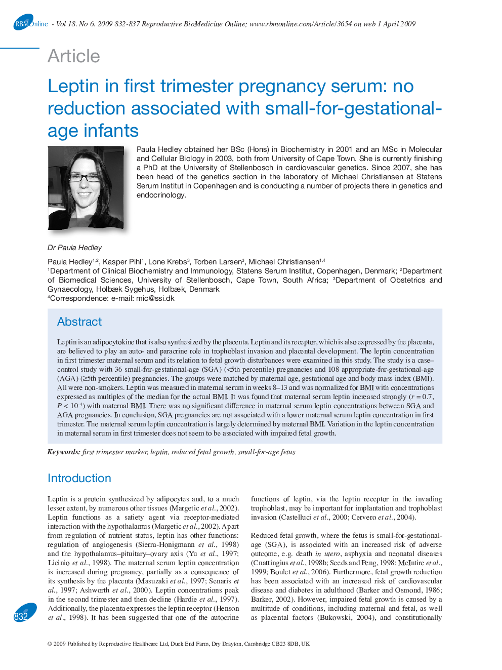 Leptin in first trimester pregnancy serum: no reduction associated with small-for-gestational-age infants 