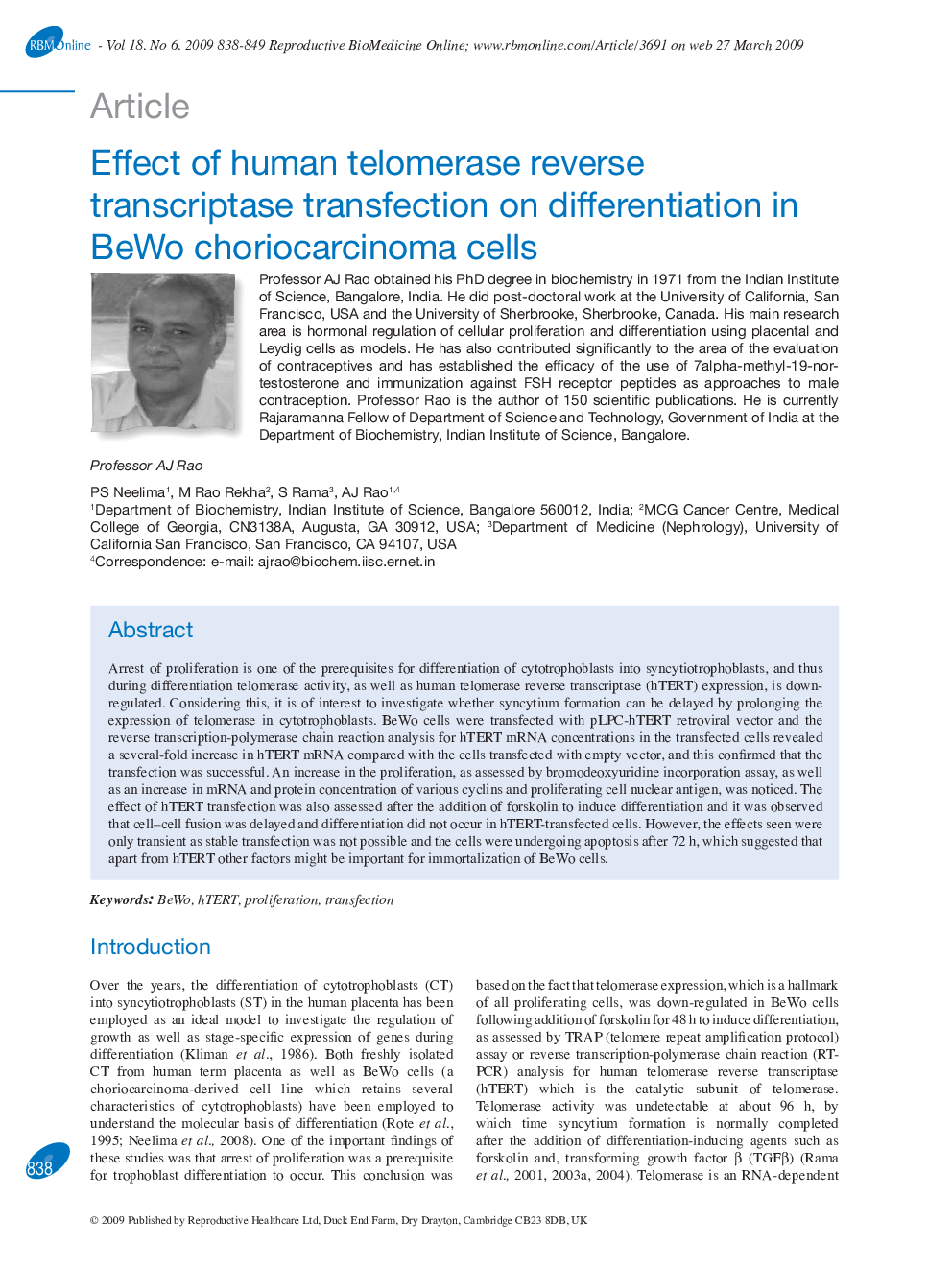 Effect of human telomerase reverse transcriptase transfection on differentiation in BeWo choriocarcinoma cells 