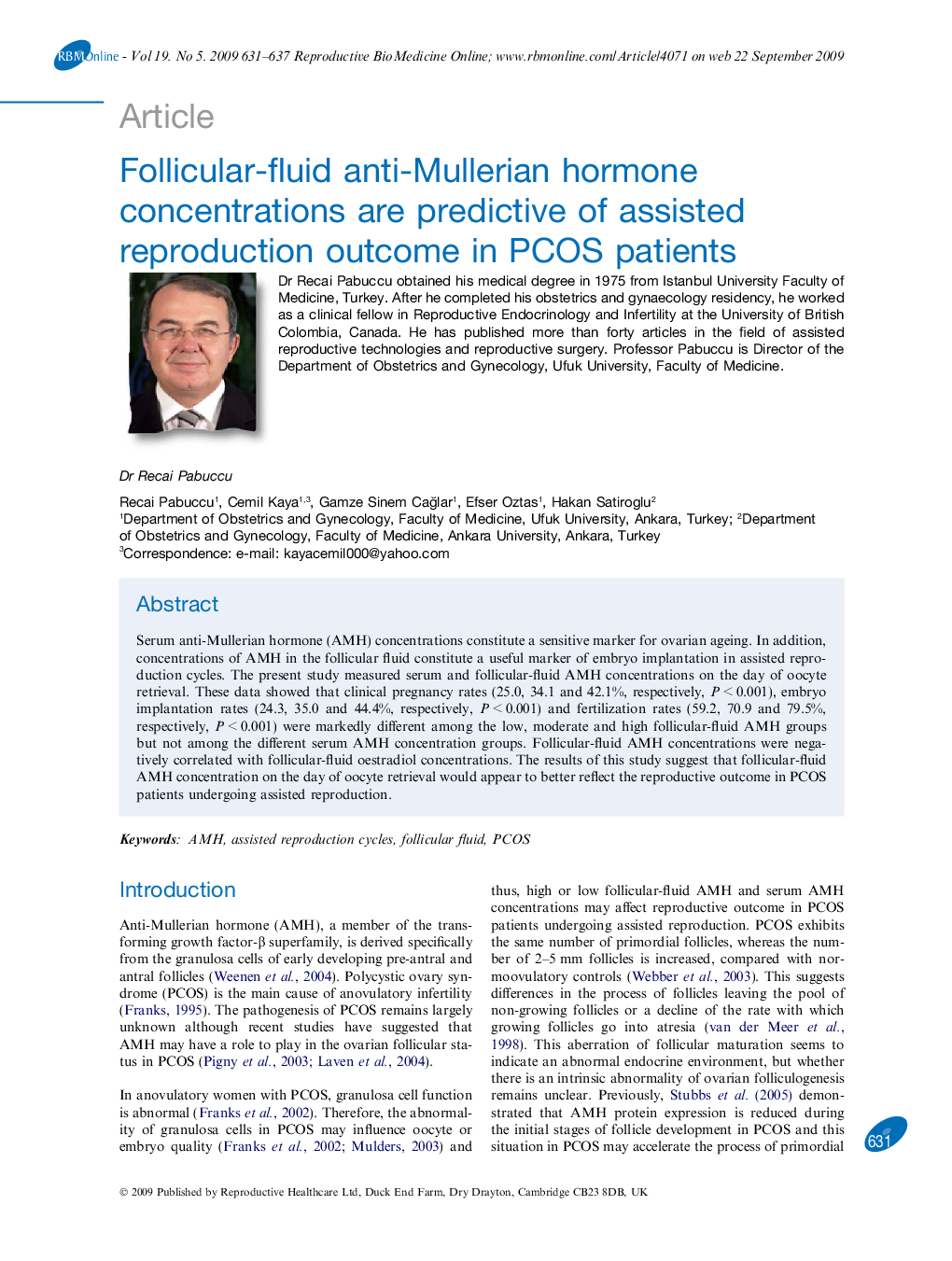 Follicular-fluid anti-Mullerian hormone concentrations are predictive of assisted reproduction outcome in PCOS patients 