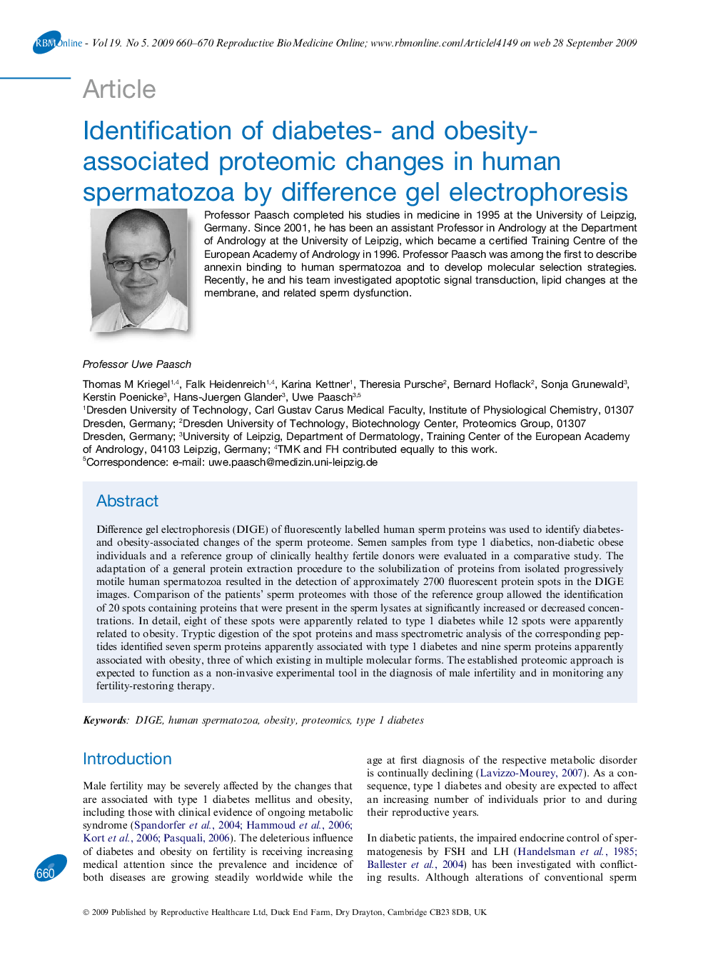 Identification of diabetes- and obesity-associated proteomic changes in human spermatozoa by difference gel electrophoresis 