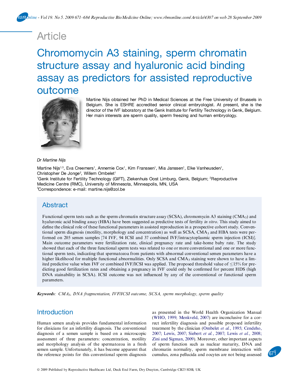 Chromomycin A3 staining, sperm chromatin structure assay and hyaluronic acid binding assay as predictors for assisted reproductive outcome 