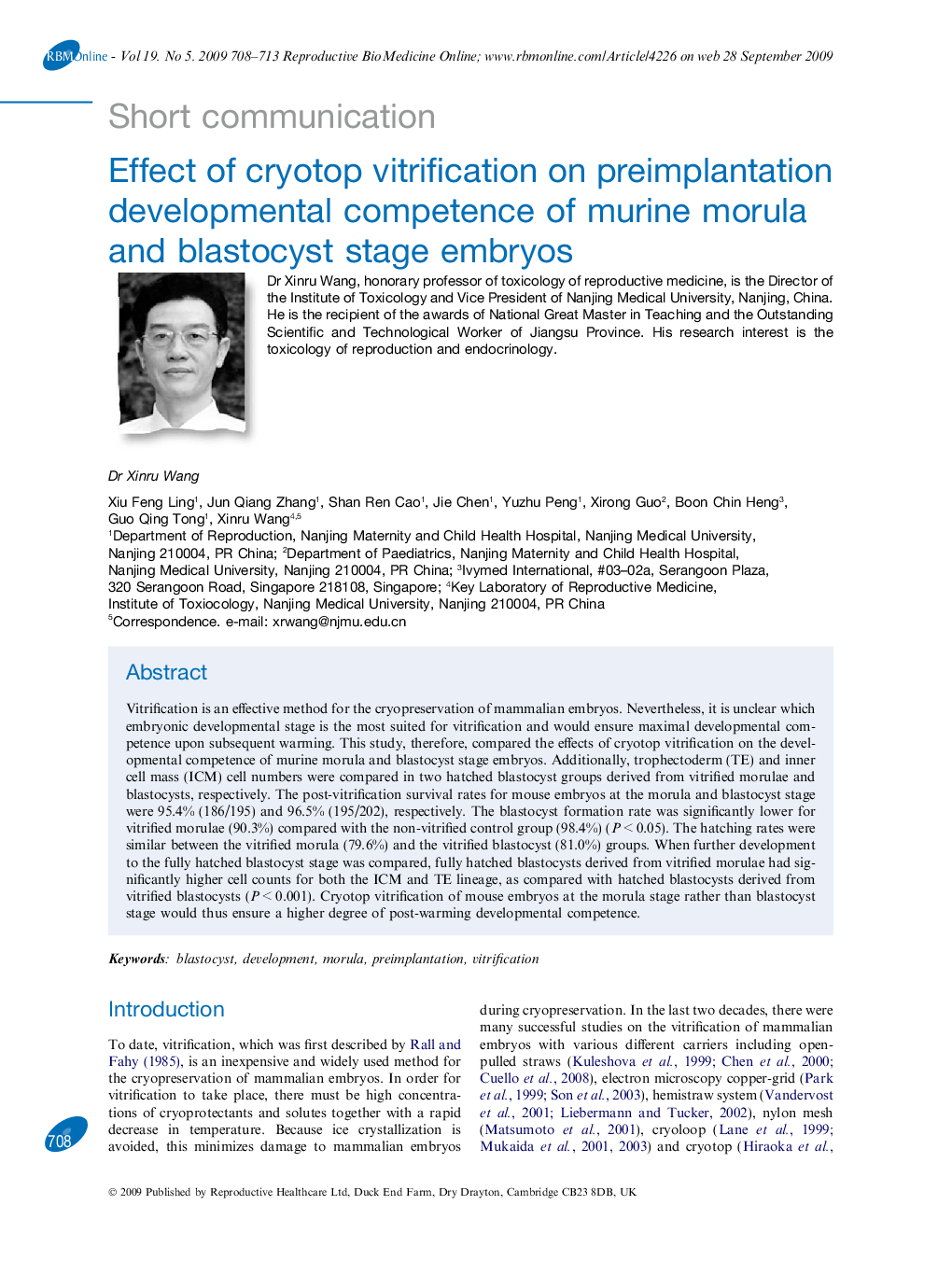 Effect of cryotop vitrification on preimplantation developmental competence of murine morula and blastocyst stage embryos