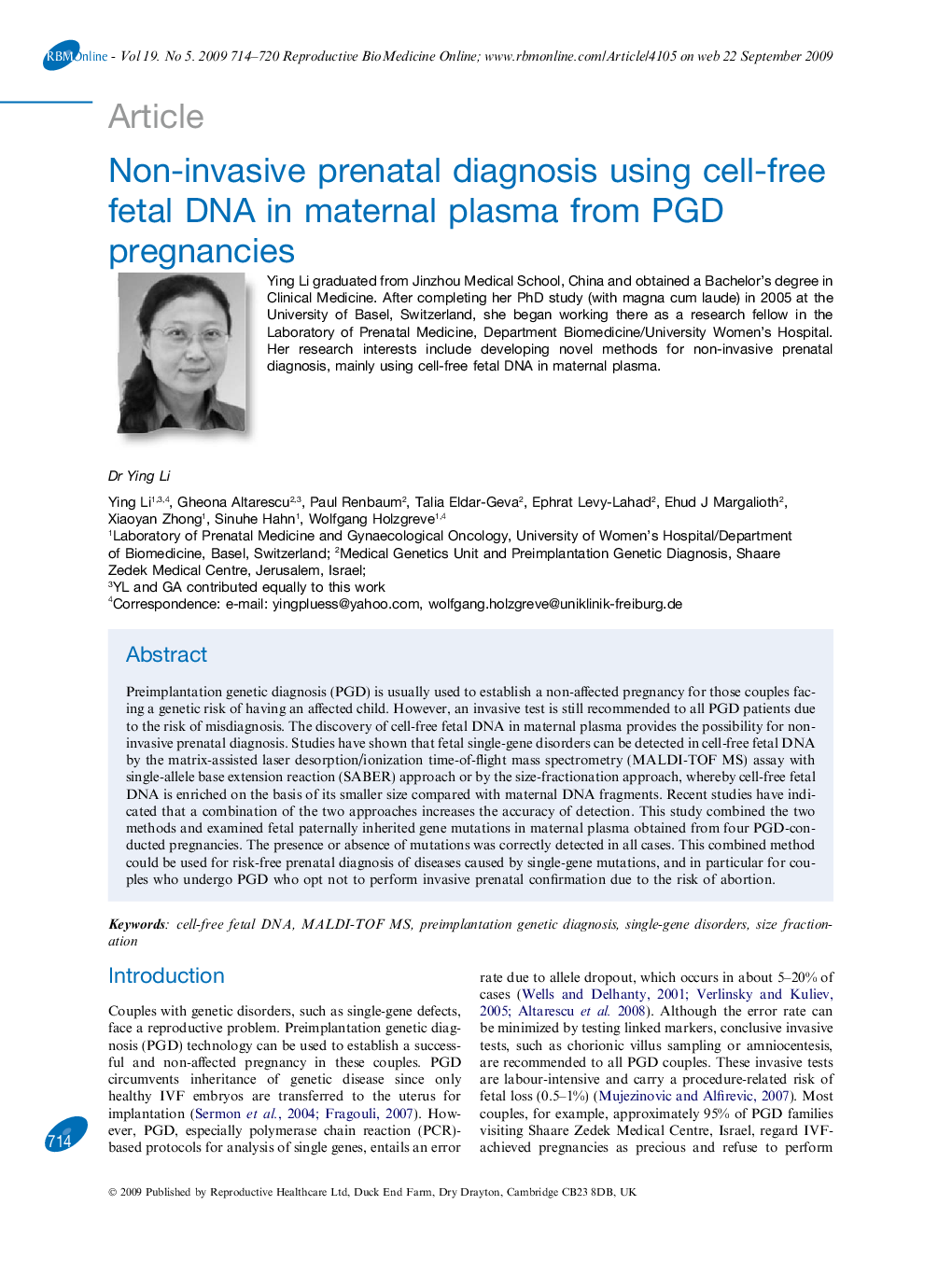 Non-invasive prenatal diagnosis using cell-free fetal DNA in maternal plasma from PGD pregnancies 