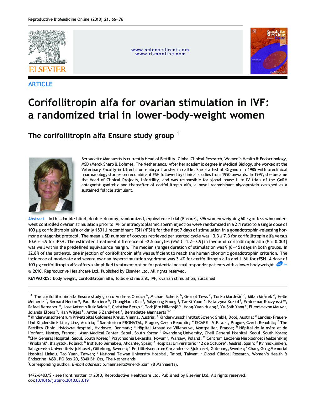 Corifollitropin alfa for ovarian stimulation in IVF: a randomized trial in lower-body-weight women 
