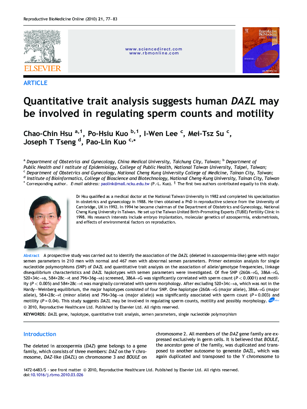 Quantitative trait analysis suggests human DAZL may be involved in regulating sperm counts and motility 