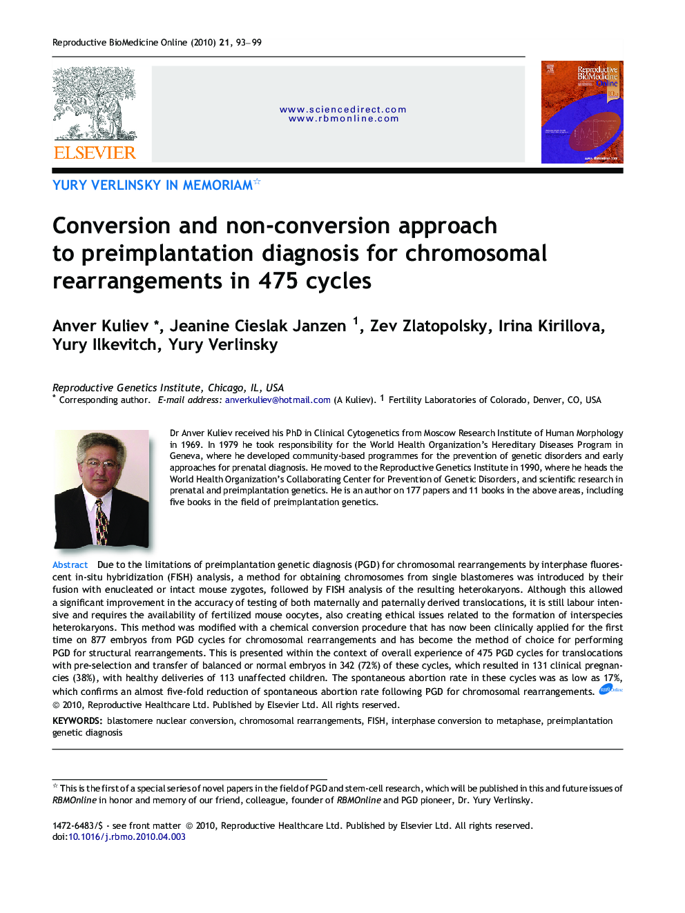 Conversion and non-conversion approach to preimplantation diagnosis for chromosomal rearrangements in 475 cycles 