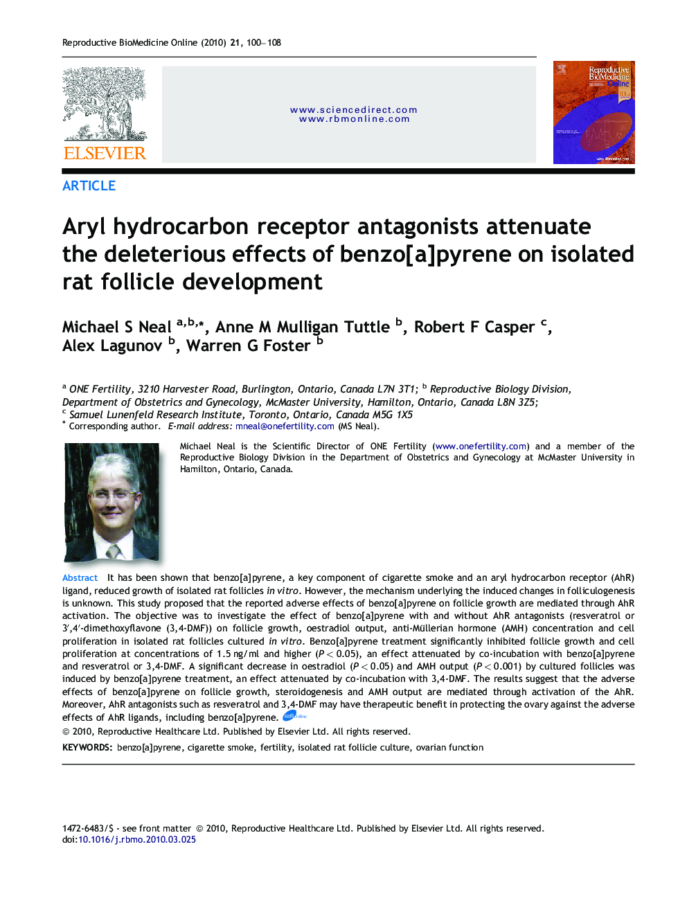 Aryl hydrocarbon receptor antagonists attenuate the deleterious effects of benzo[a]pyrene on isolated rat follicle development 