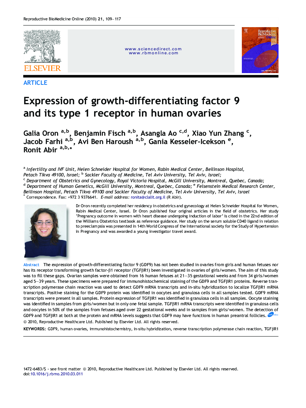 Expression of growth-differentiating factor 9 and its type 1 receptor in human ovaries