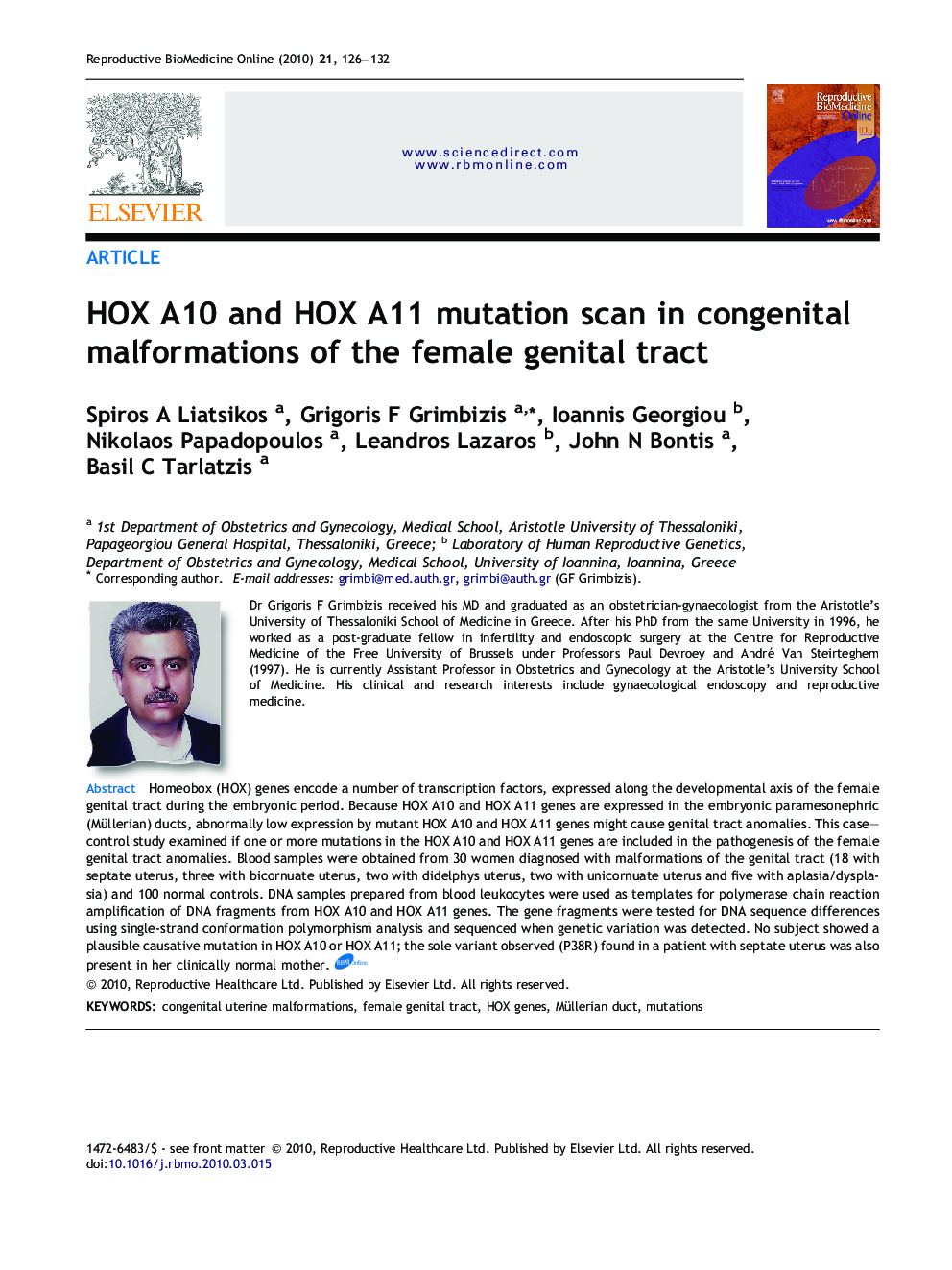 HOX A10 and HOX A11 mutation scan in congenital malformations of the female genital tract 