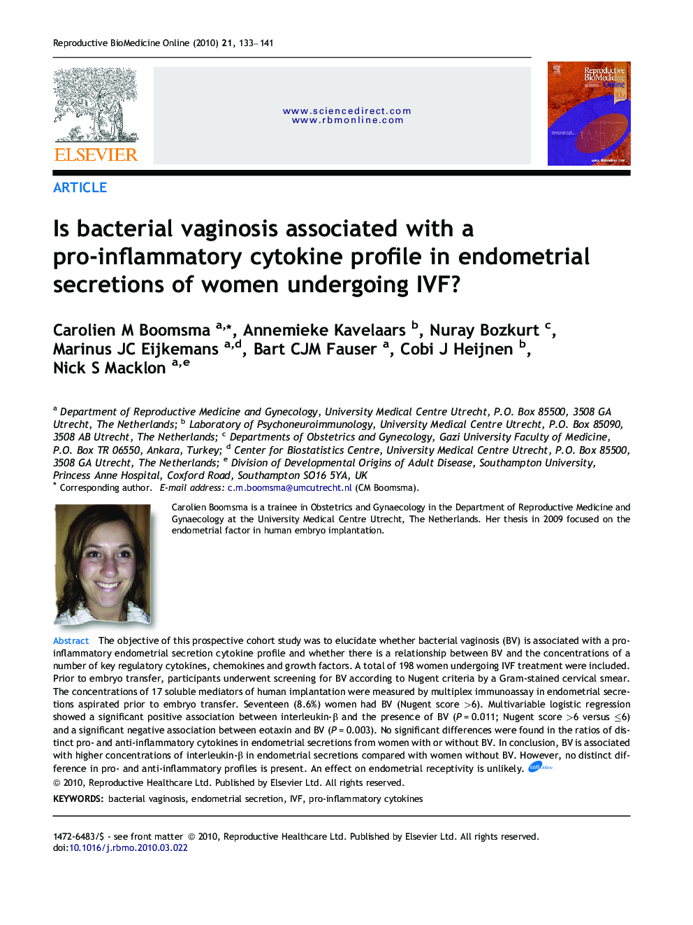 Is bacterial vaginosis associated with a pro-inflammatory cytokine profile in endometrial secretions of women undergoing IVF? 