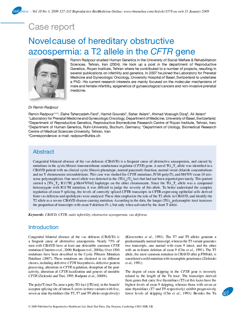 Novel cause of hereditary obstructive azoospermia: a T2 allele in the CFTR gene 