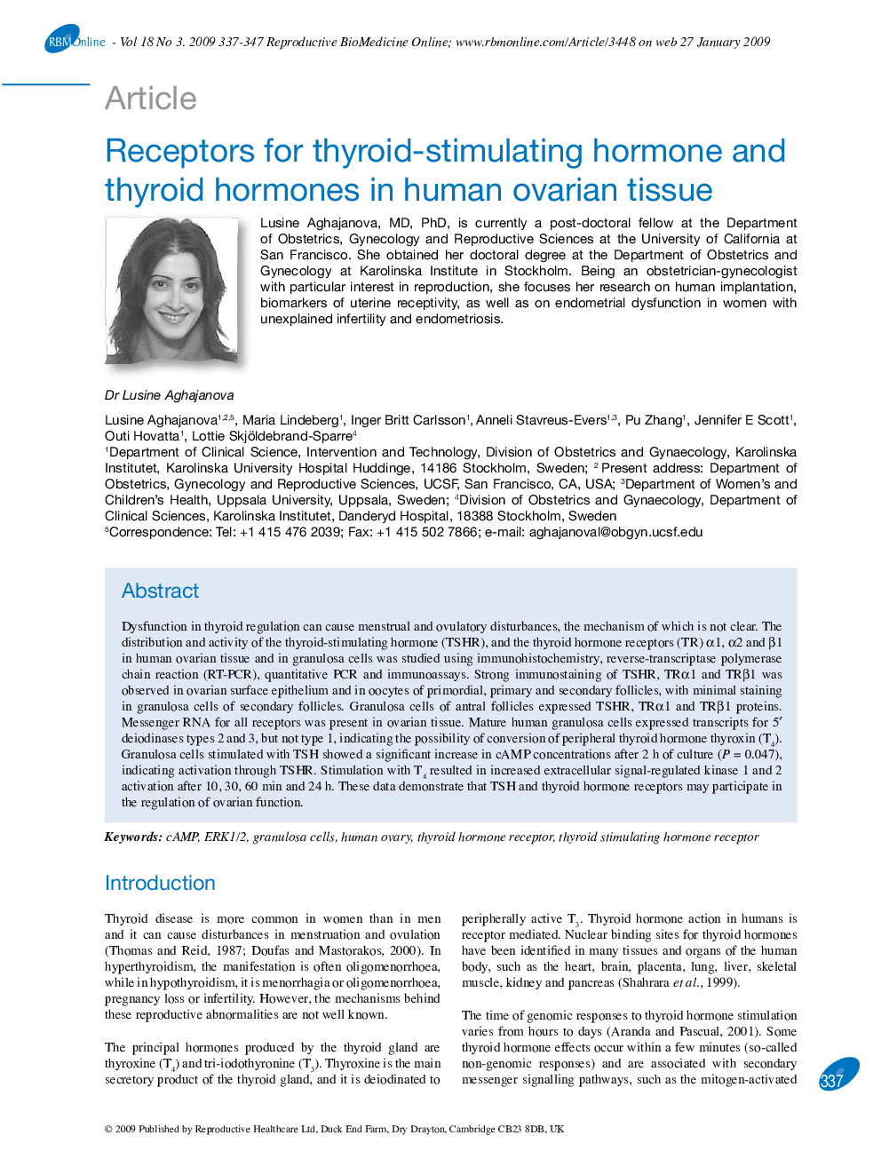 Receptors for thyroid-stimulating hormone and thyroid hormones in human ovarian tissue 