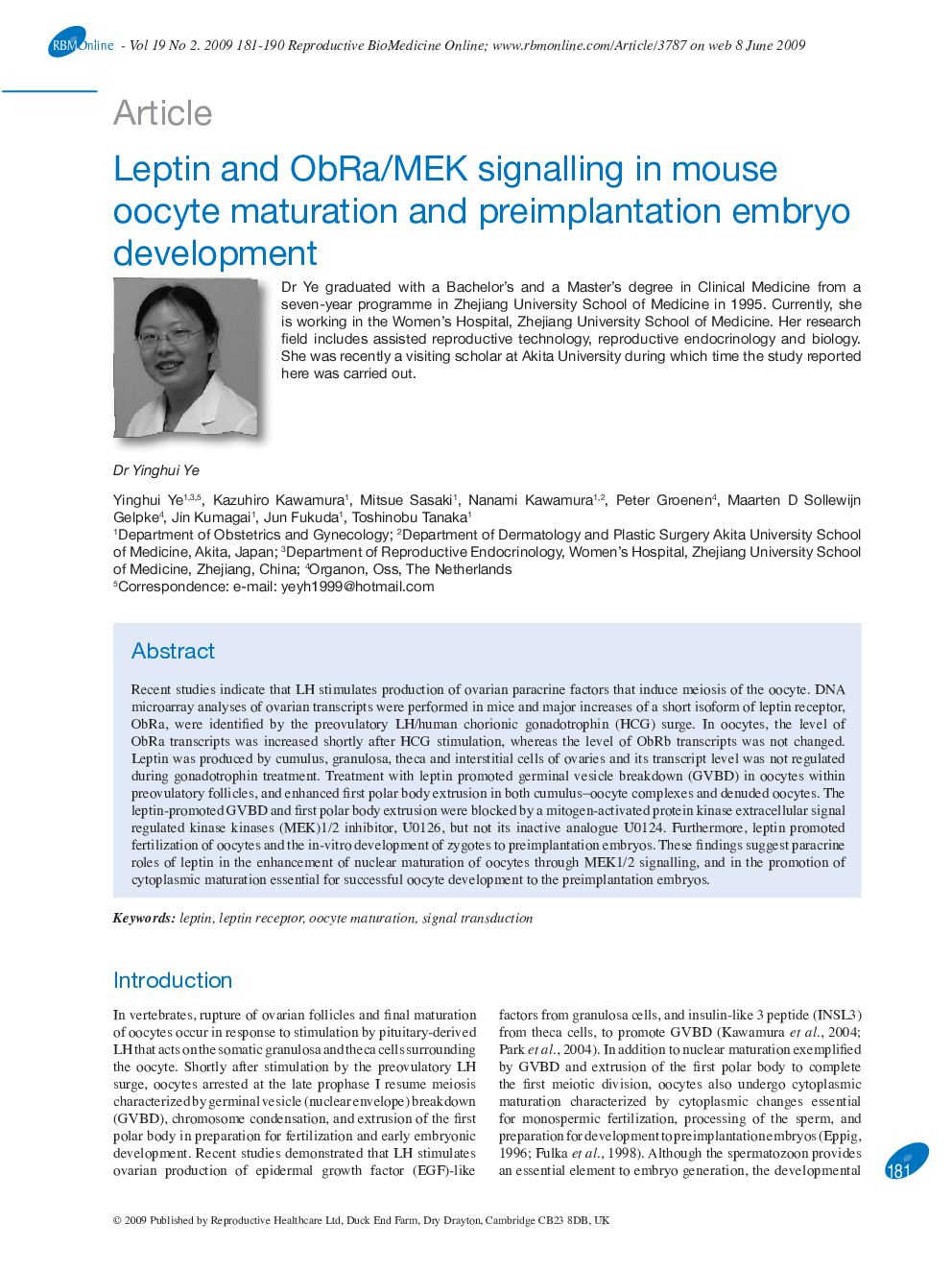 Leptin and ObRa/MEK signalling in mouse oocyte maturation and preimplantation embryo development 