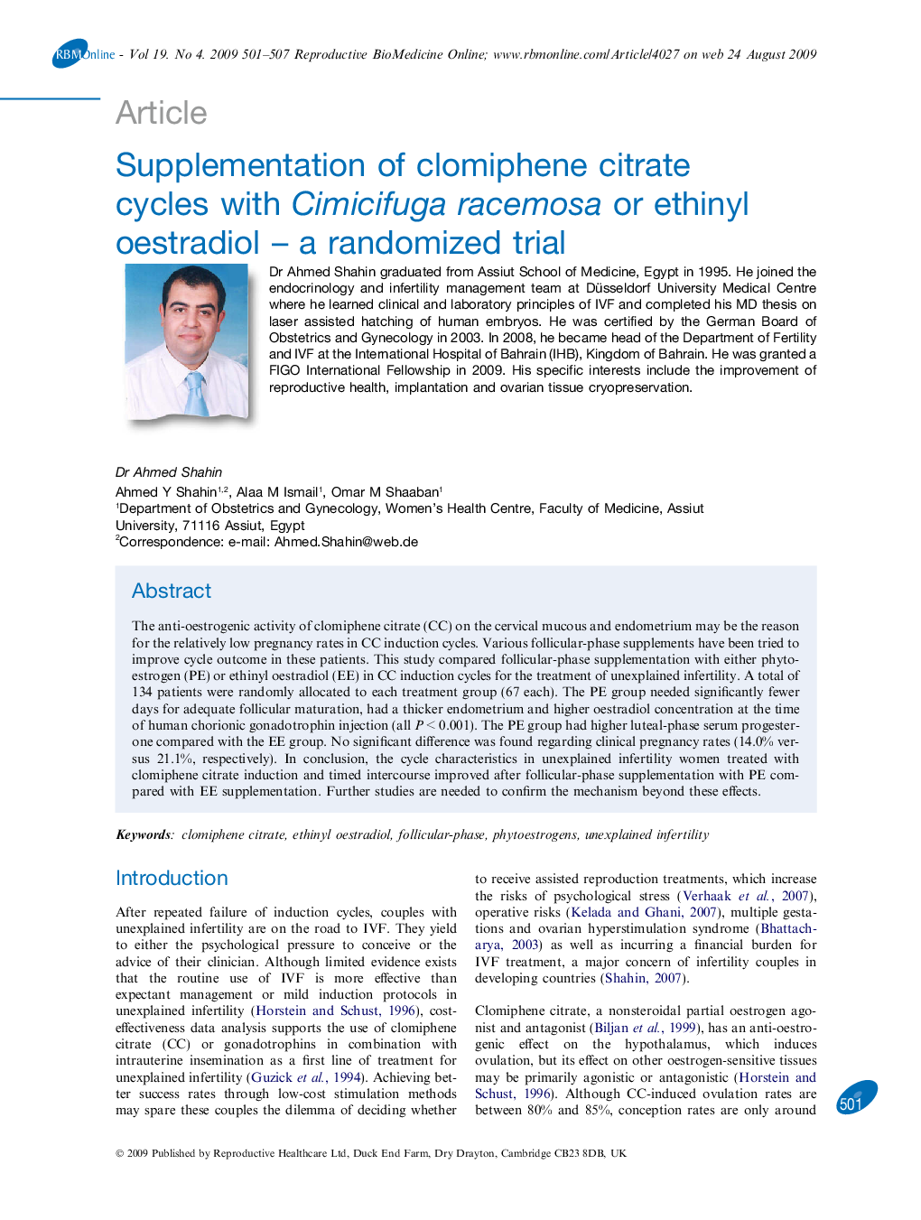 Supplementation of clomiphene citrate cycles with Cimicifuga racemosa or ethinyl oestradiol – a randomized trial 