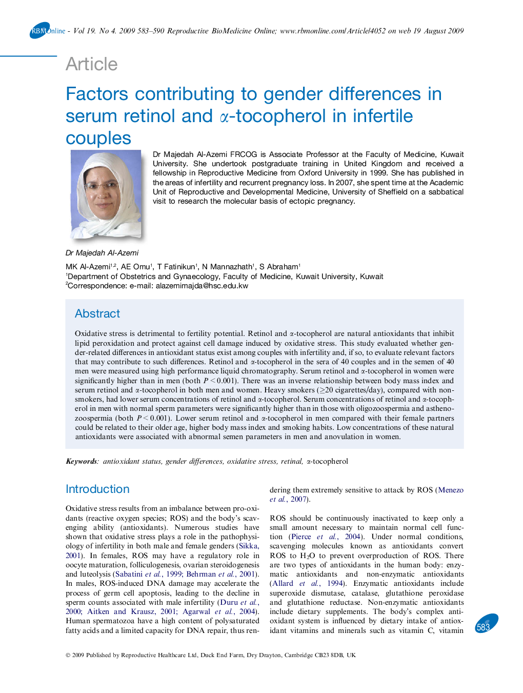 Factors contributing to gender differences in serum retinol and Î±-tocopherol in infertile couples