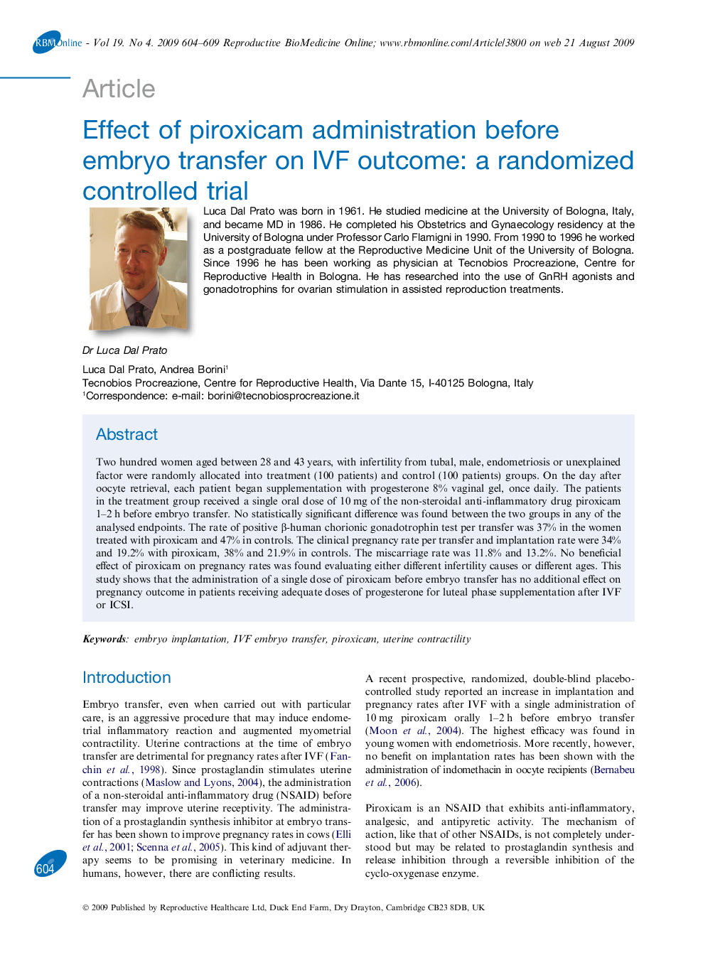 Effect of piroxicam administration before embryo transfer on IVF outcome: a randomized controlled trial 