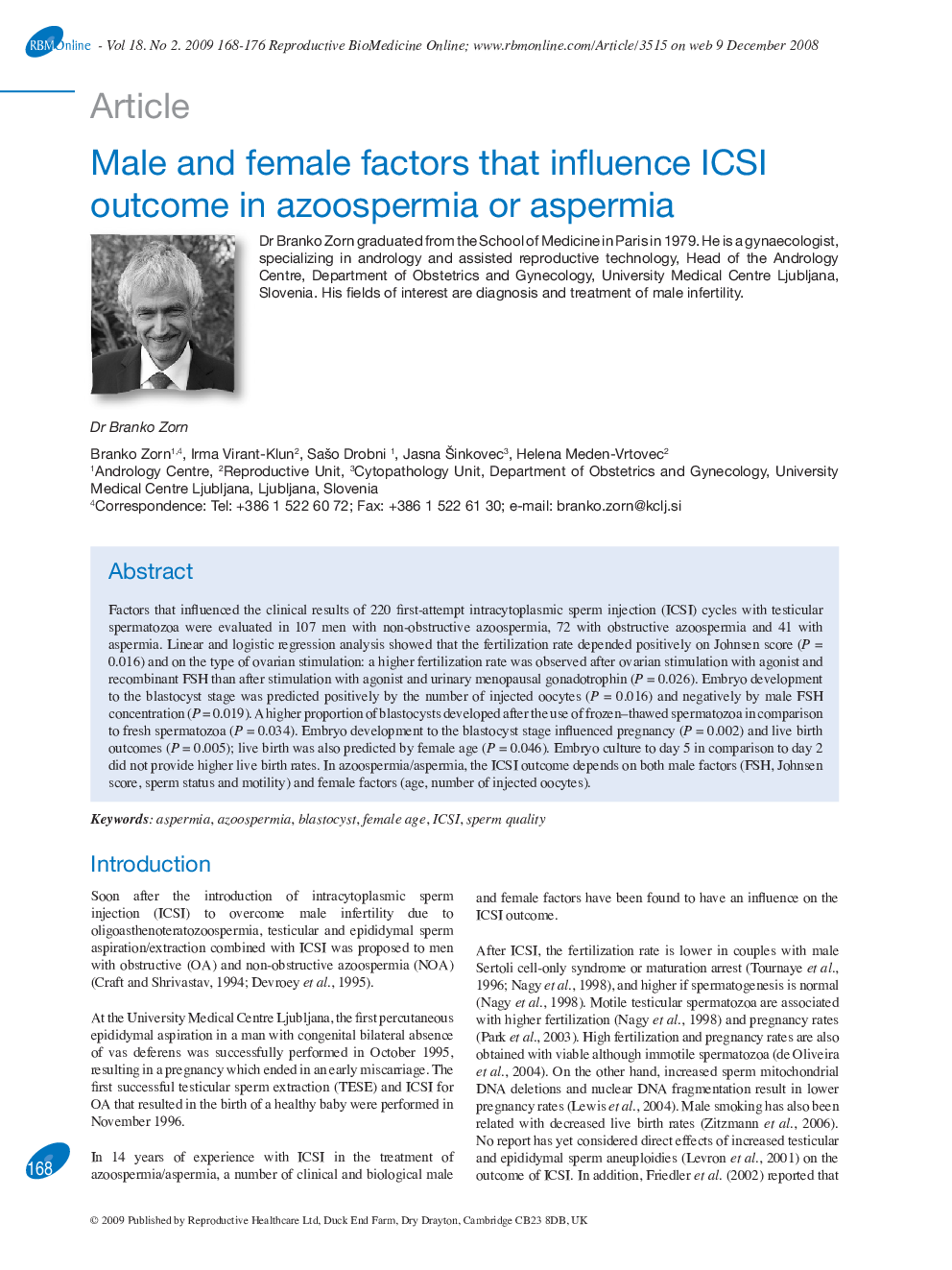 Male and female factors that influence ICSI outcome in azoospermia or aspermia 