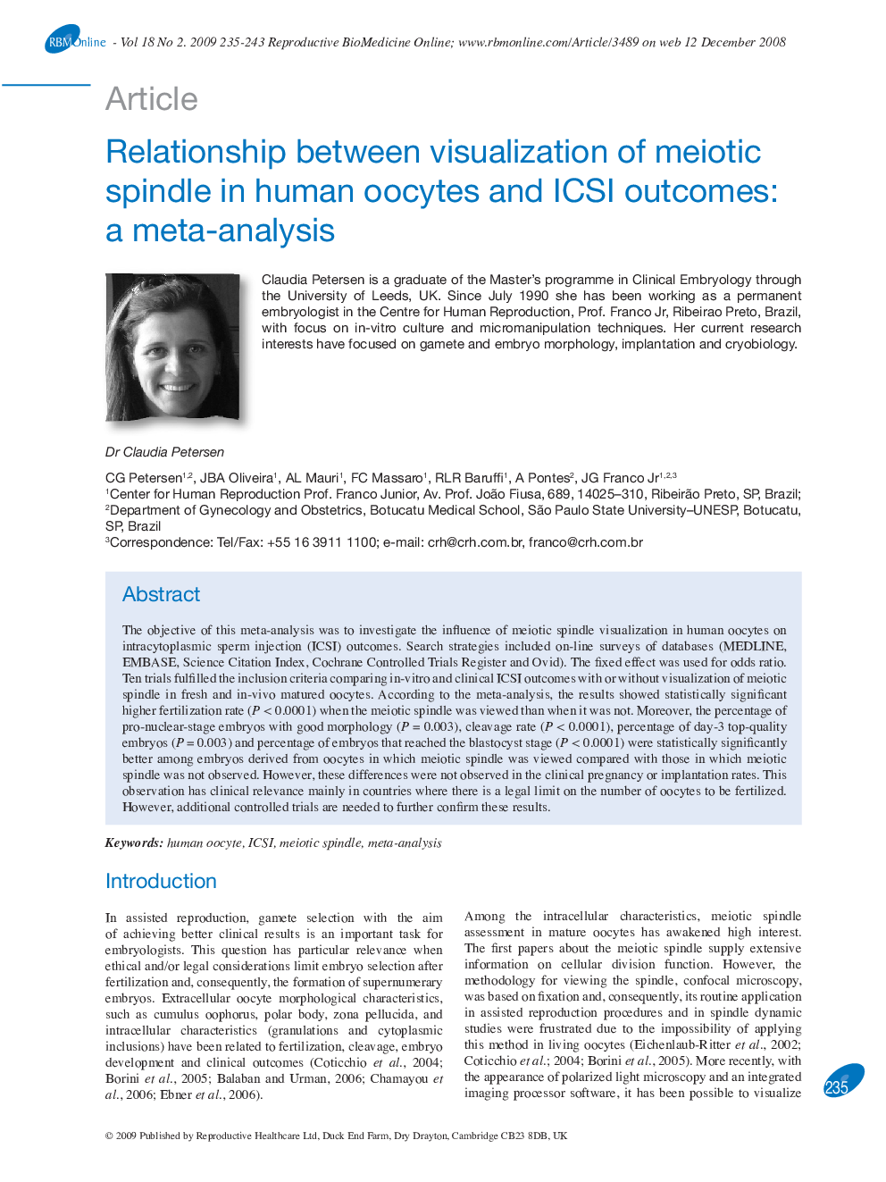 Relationship between visualization of meiotic spindle in human oocytes and ICSI outcomes: a meta-analysis 