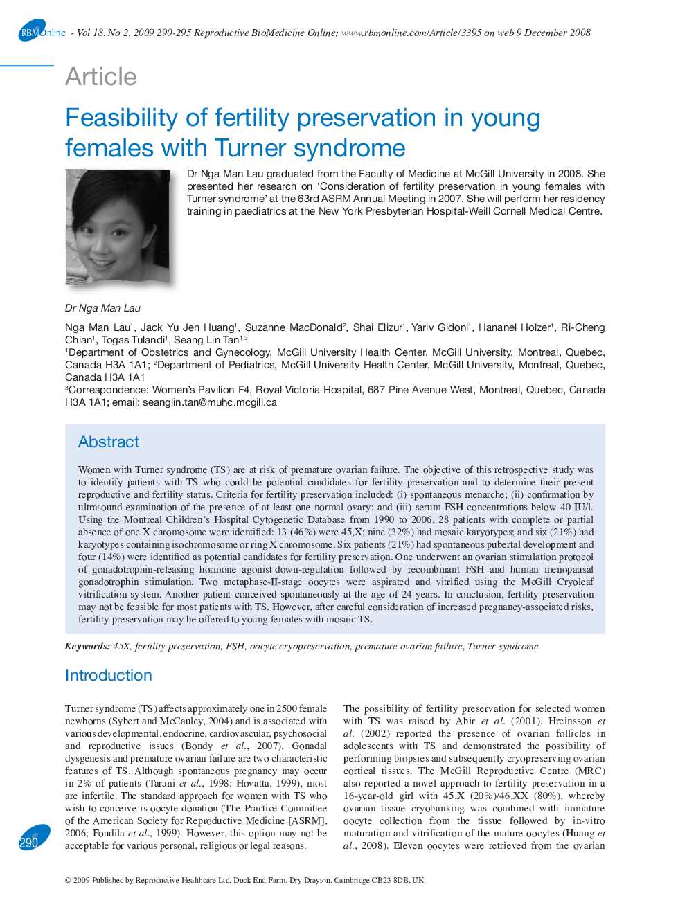 Feasibility of fertility preservation in young females with Turner syndrome 