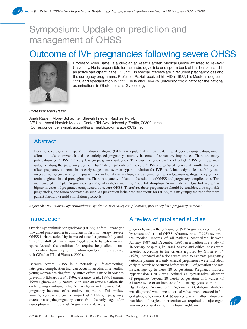 Outcome of IVF pregnancies following severe OHSS 