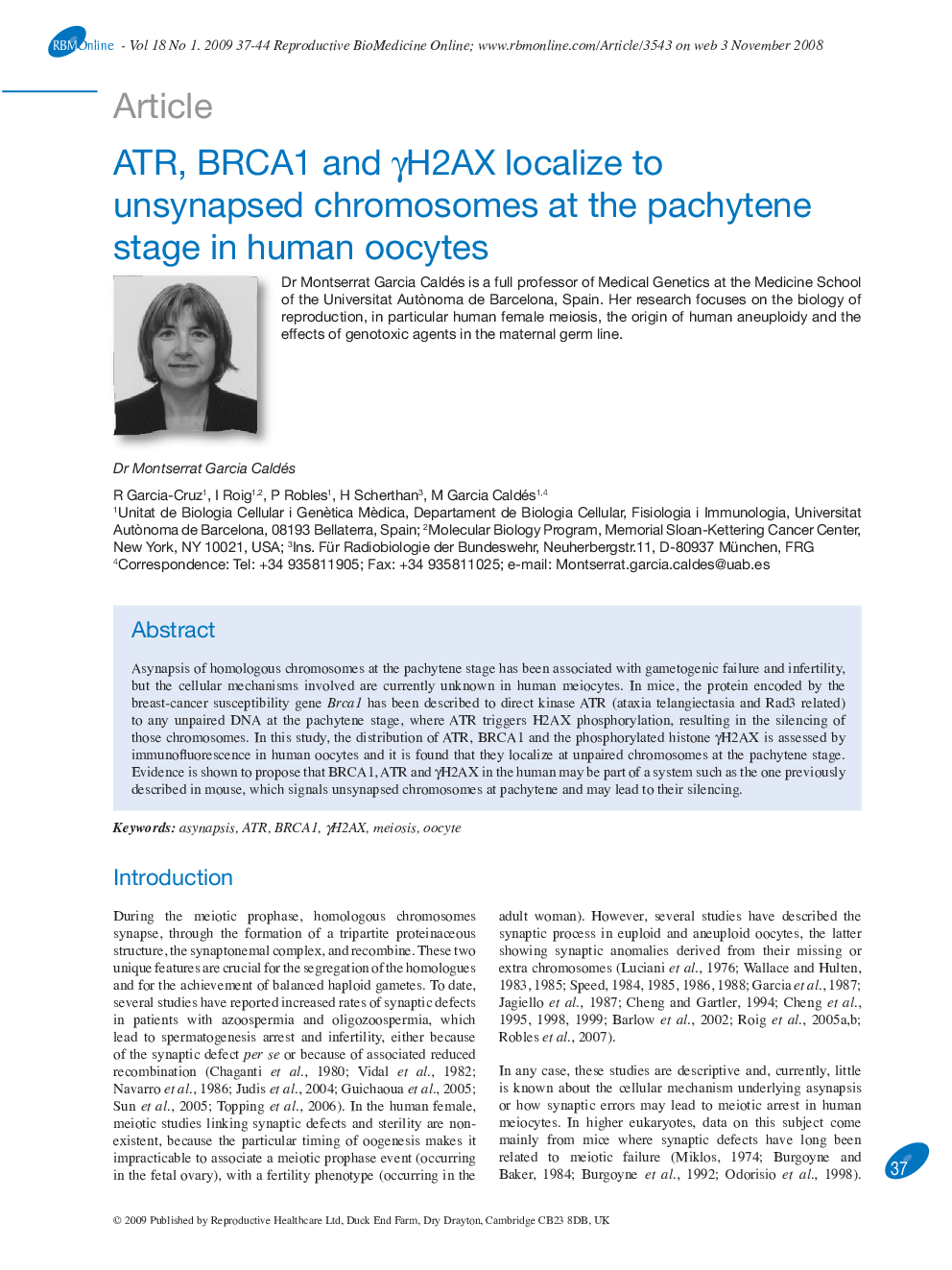 ATR, BRCA1 and γH2AX localize to unsynapsed chromosomes at the pachytene stage in human oocytes 