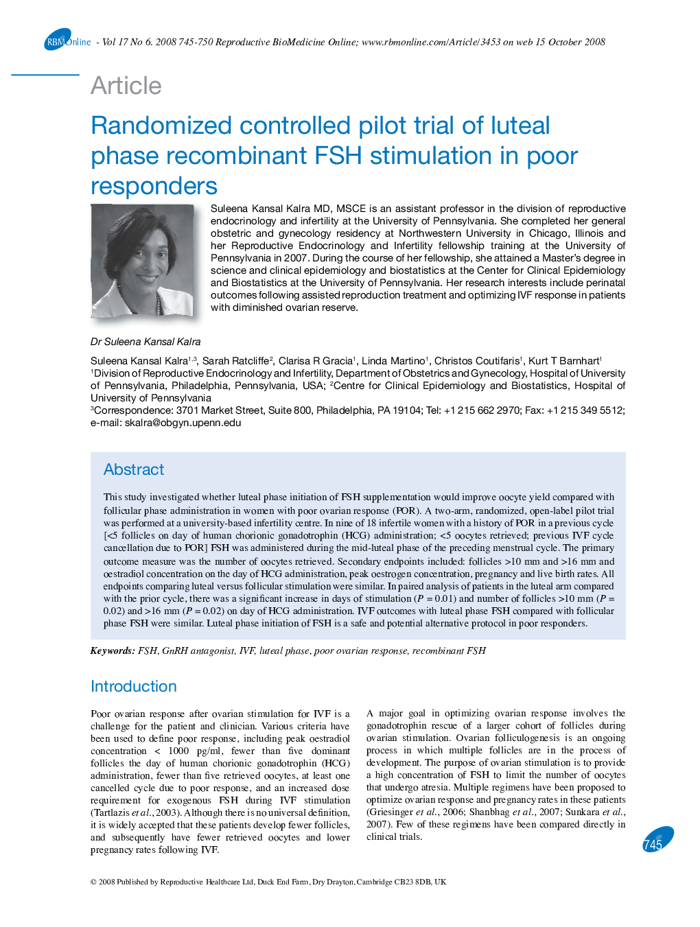 Randomized controlled pilot trial of luteal phase recombinant FSH stimulation in poor responders 