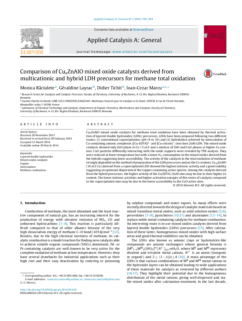 Comparison of CuxZnAlO mixed oxide catalysts derived from multicationic and hybrid LDH precursors for methane total oxidation