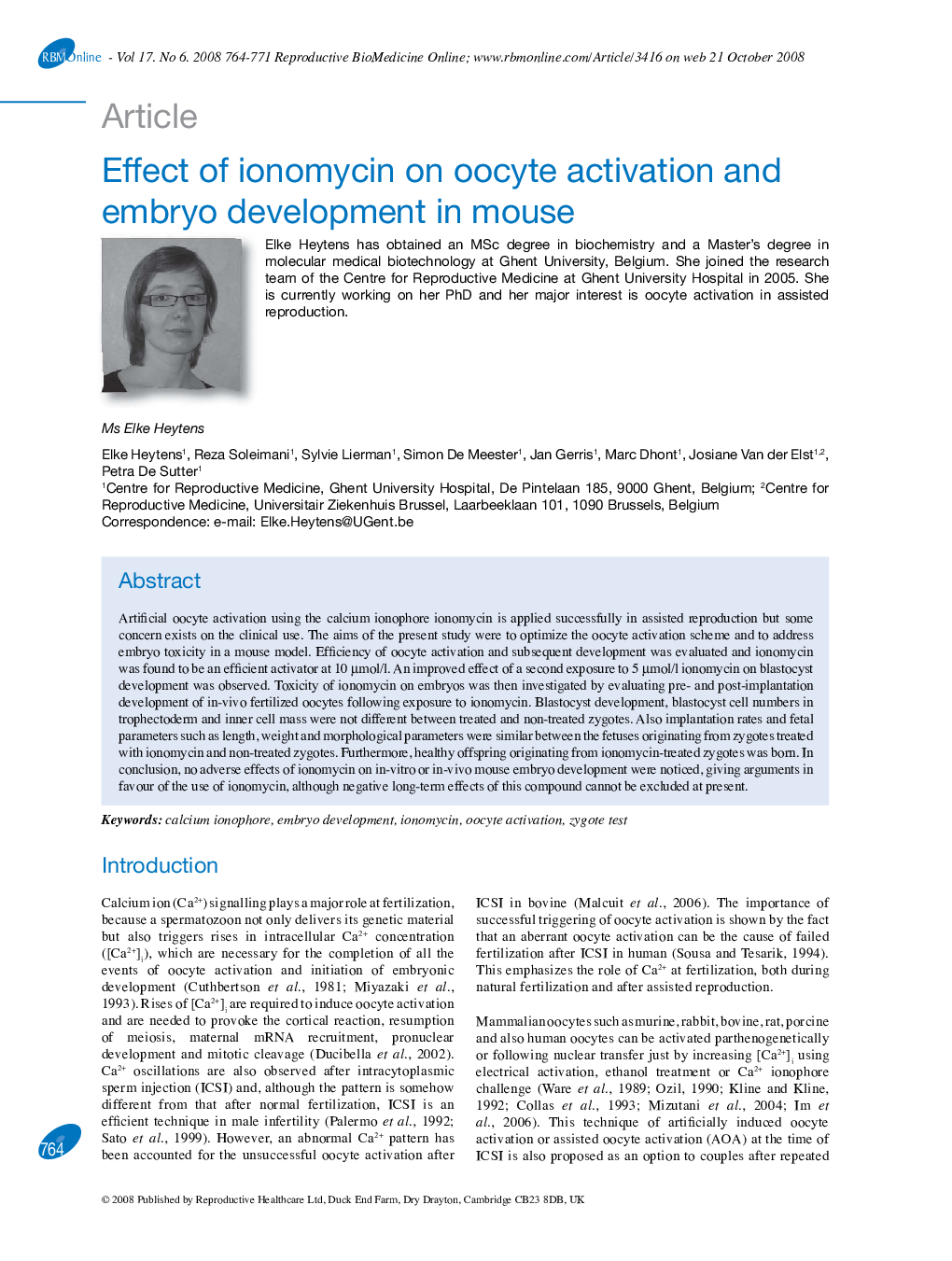 Effect of ionomycin on oocyte activation and embryo development in mouse 