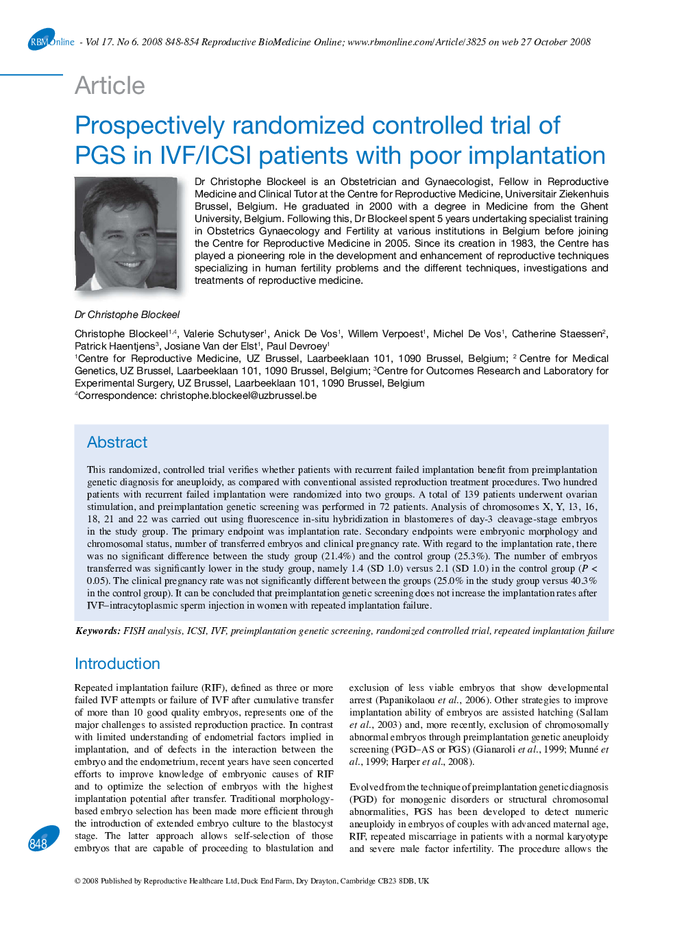 Prospectively randomized controlled trial of PGS in IVF/ICSI patients with poor implantation 