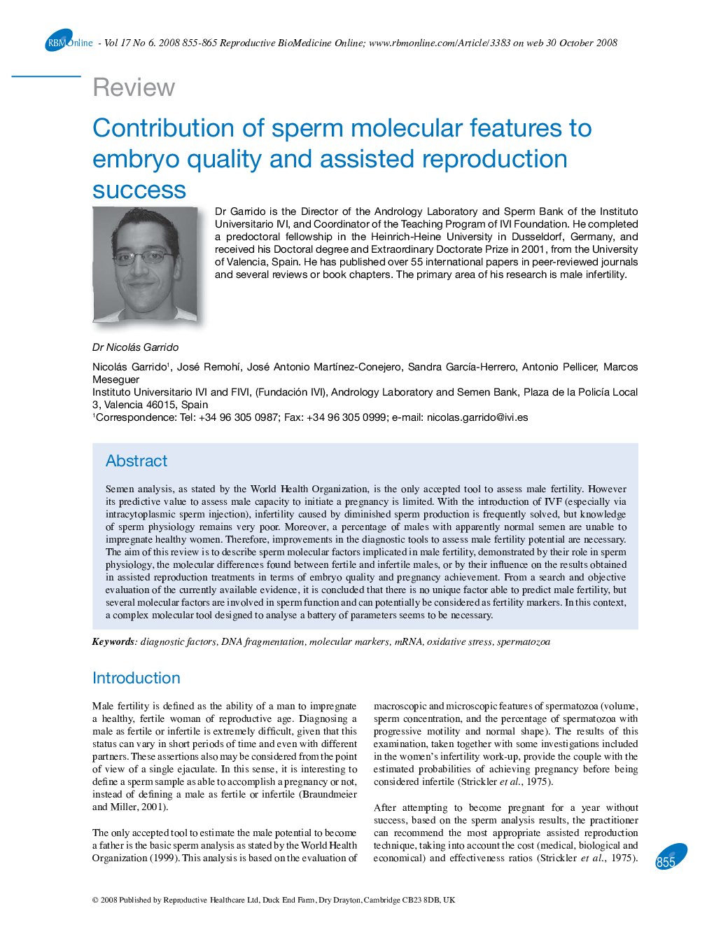 Contribution of sperm molecular features to embryo quality and assisted reproduction success 