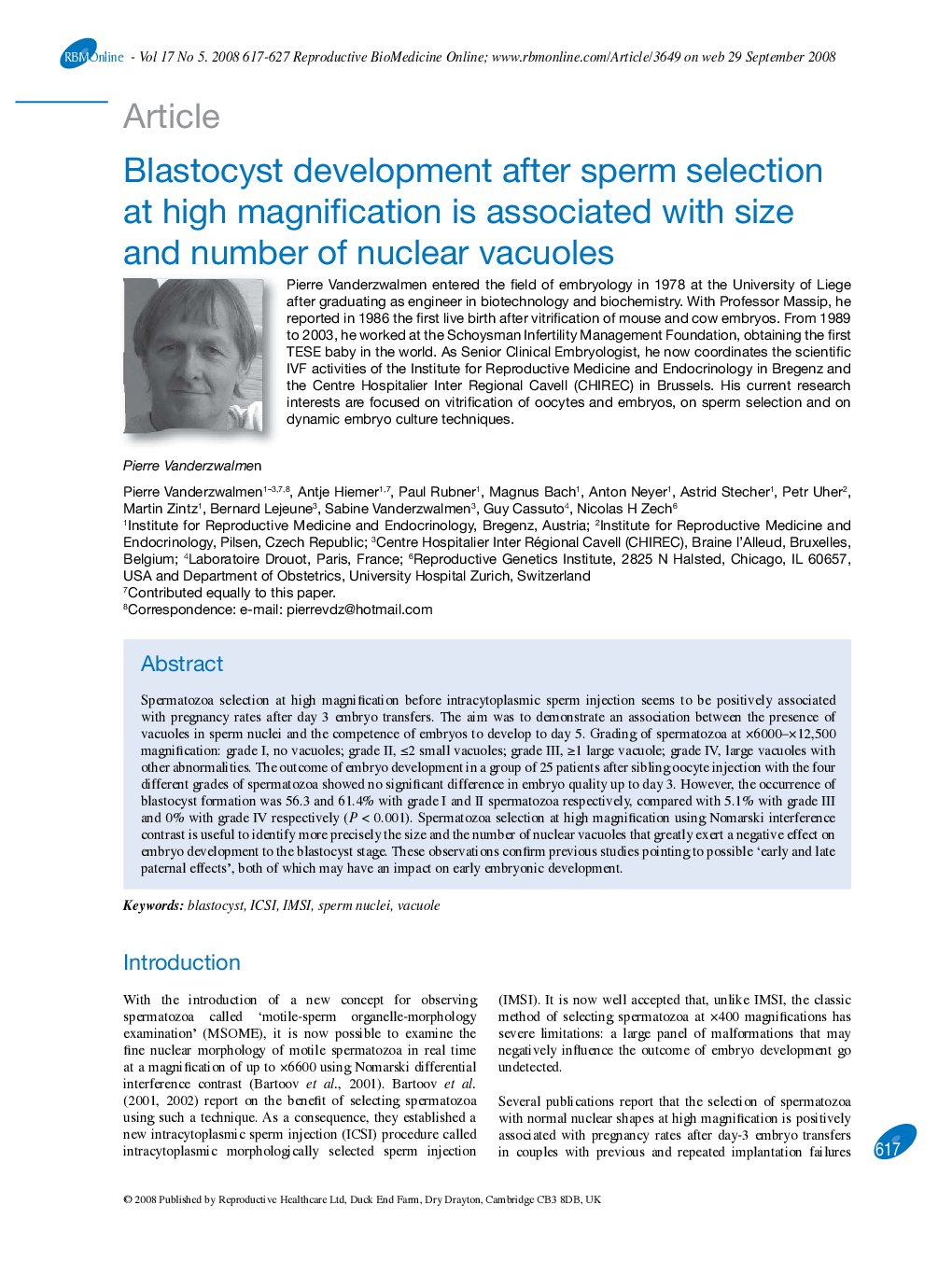 Blastocyst development after sperm selection at high magnification is associated with size and number of nuclear vacuoles 