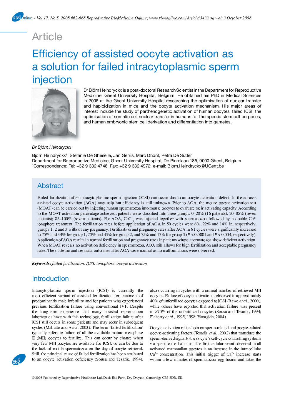 Efficiency of assisted oocyte activation as a solution for failed intracytoplasmic sperm injection 