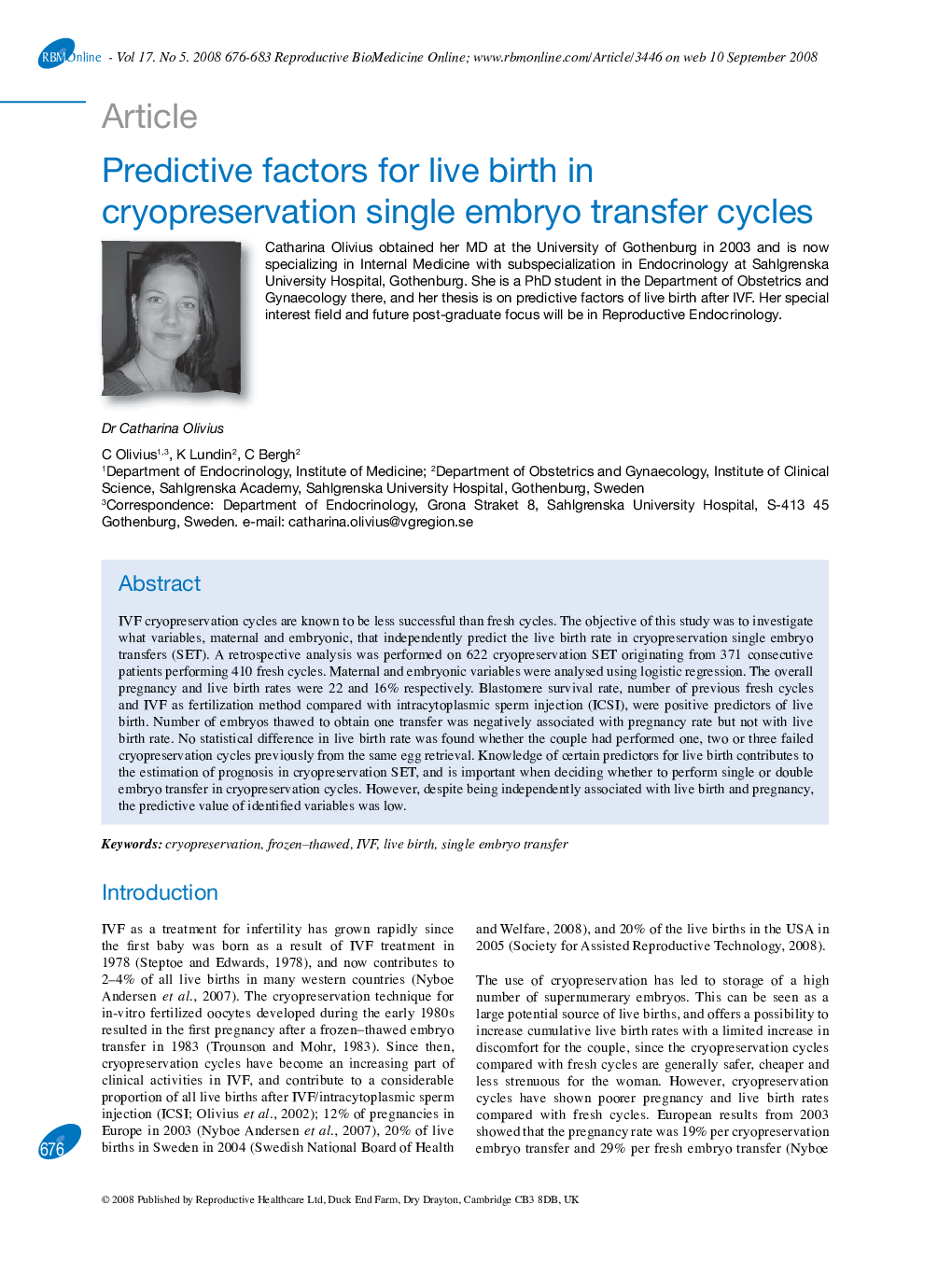 Predictive factors for live birth in cryopreservation single embryo transfer cycles 