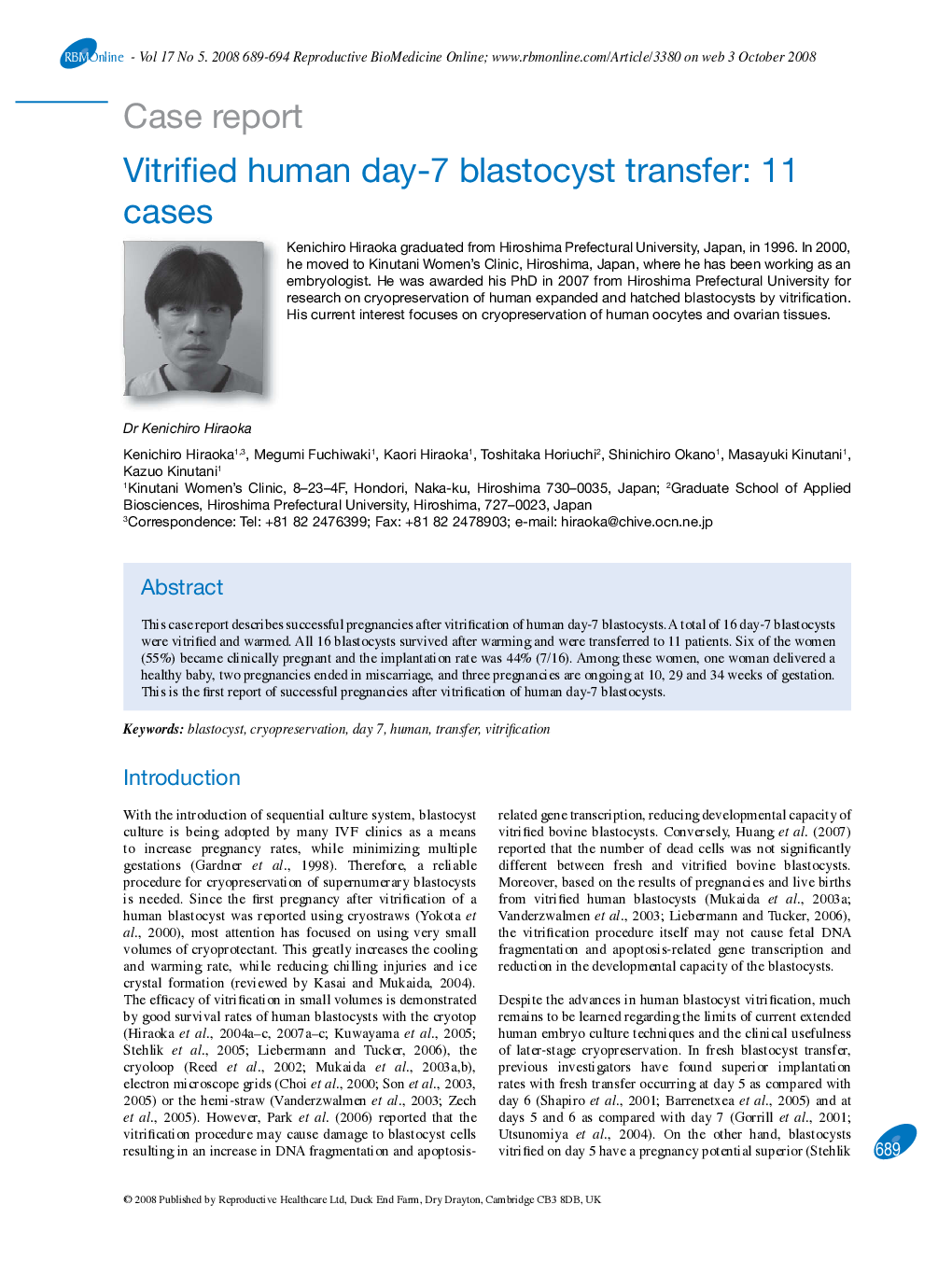 Vitrified human day-7 blastocyst transfer: 11 cases 