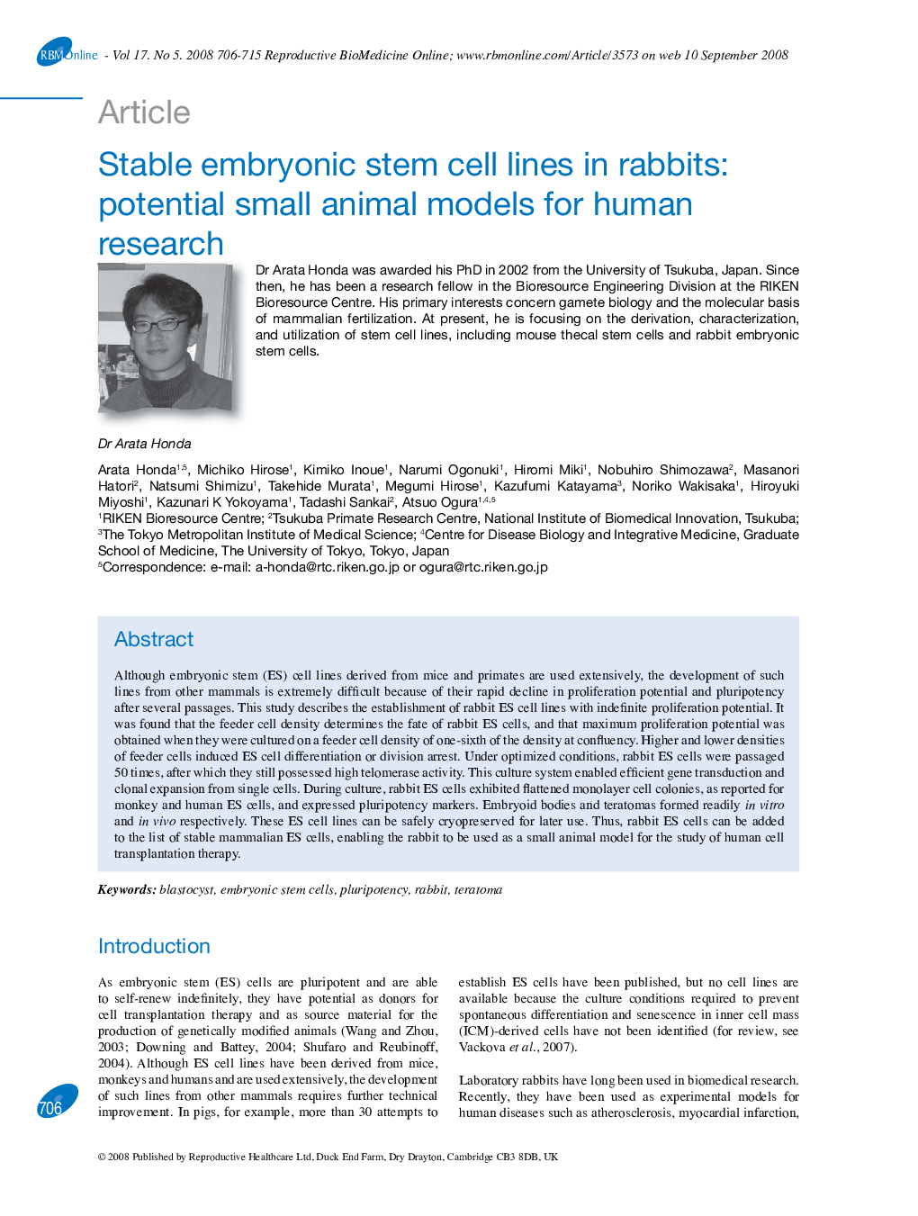 Stable embryonic stem cell lines in rabbits: potential small animal models for human research 